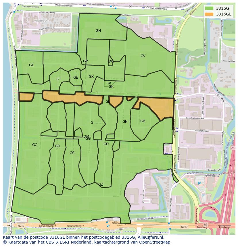 Afbeelding van het postcodegebied 3316 GL op de kaart.