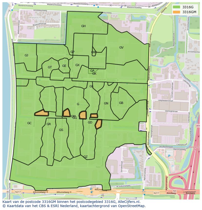 Afbeelding van het postcodegebied 3316 GM op de kaart.