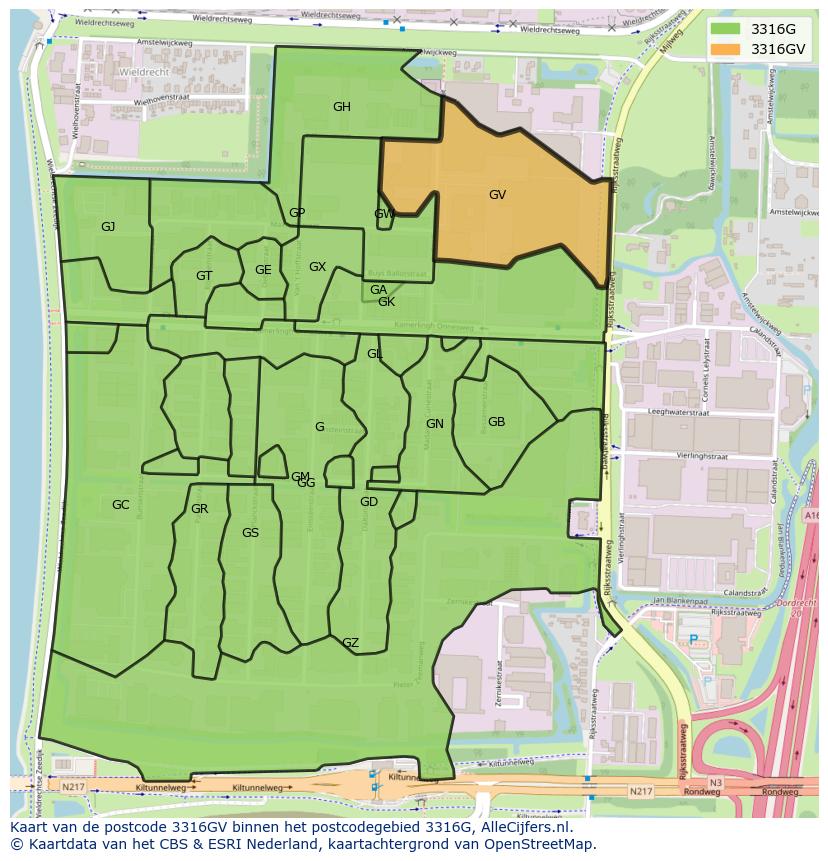 Afbeelding van het postcodegebied 3316 GV op de kaart.