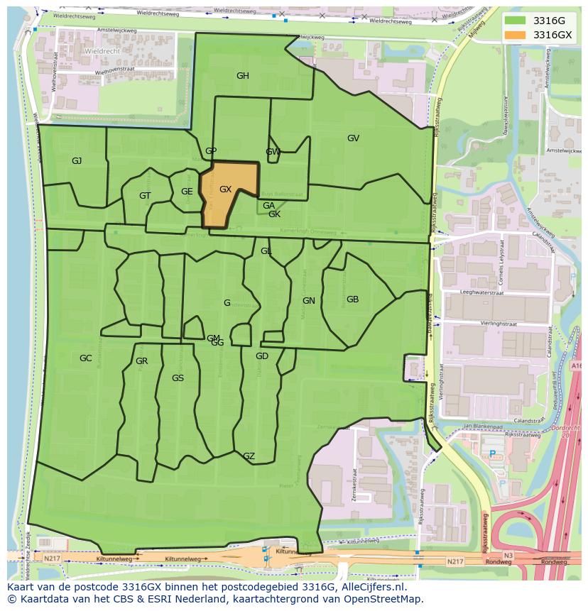 Afbeelding van het postcodegebied 3316 GX op de kaart.