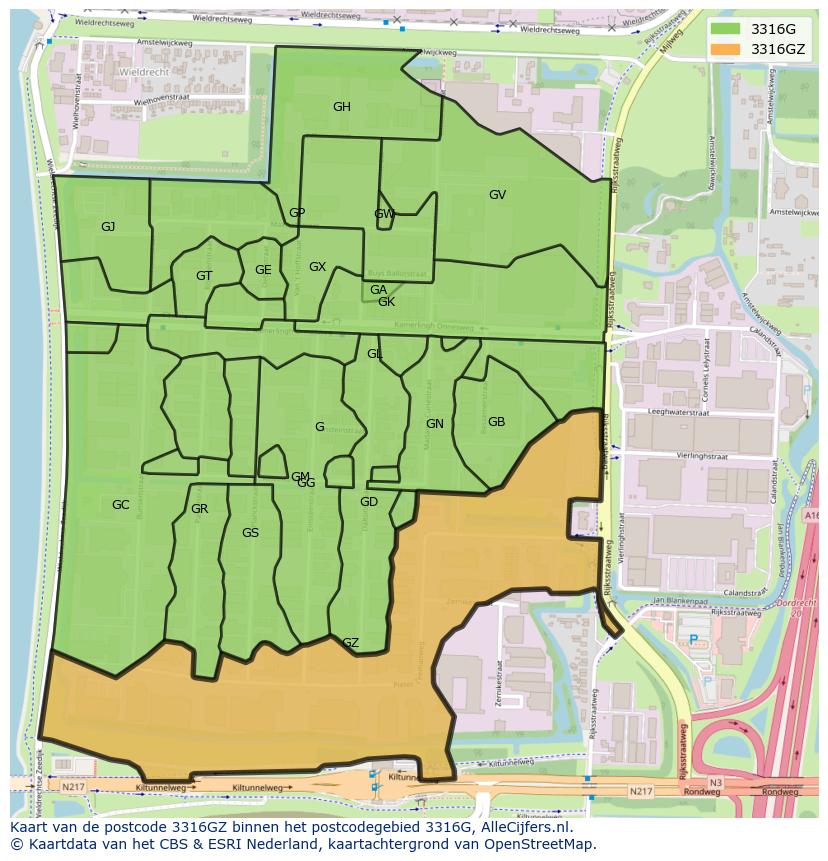 Afbeelding van het postcodegebied 3316 GZ op de kaart.