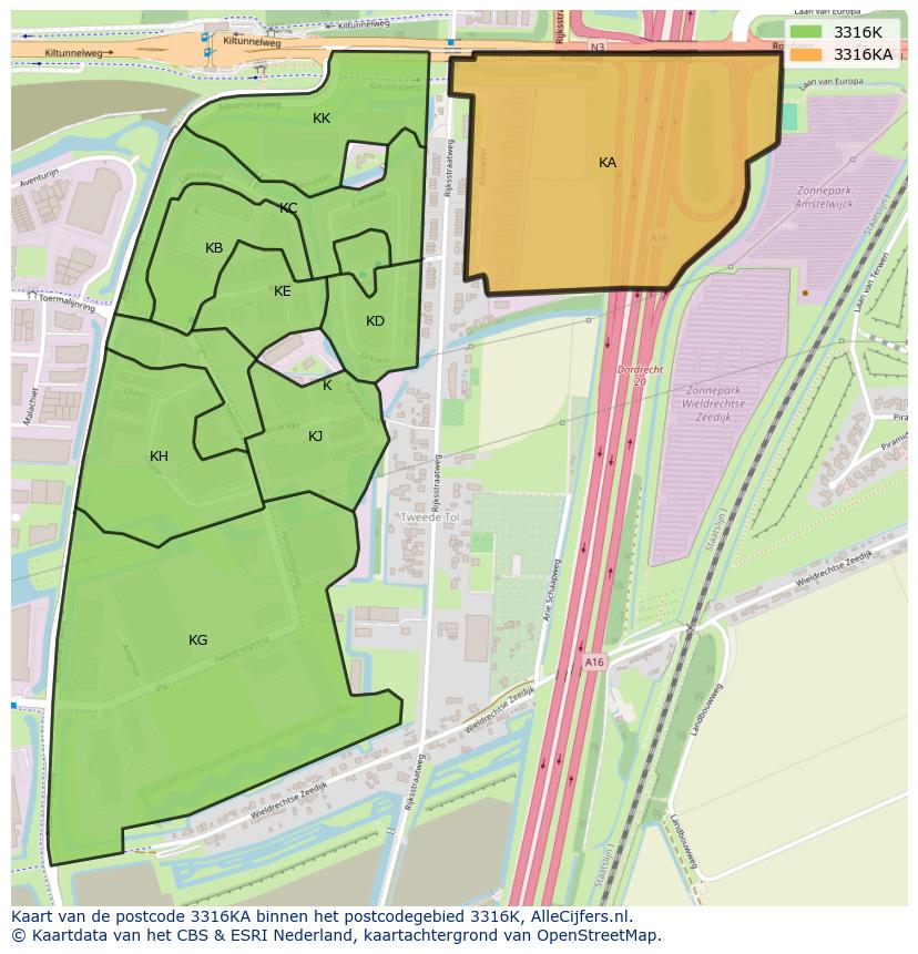 Afbeelding van het postcodegebied 3316 KA op de kaart.