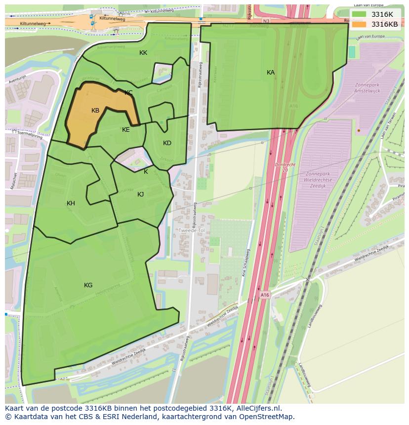 Afbeelding van het postcodegebied 3316 KB op de kaart.