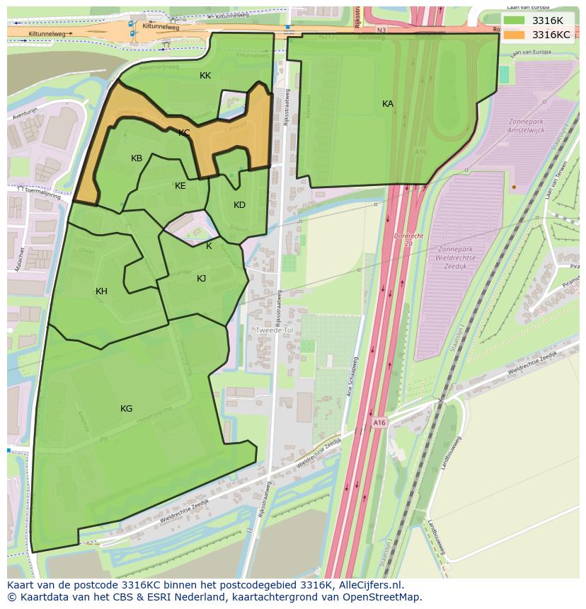 Afbeelding van het postcodegebied 3316 KC op de kaart.