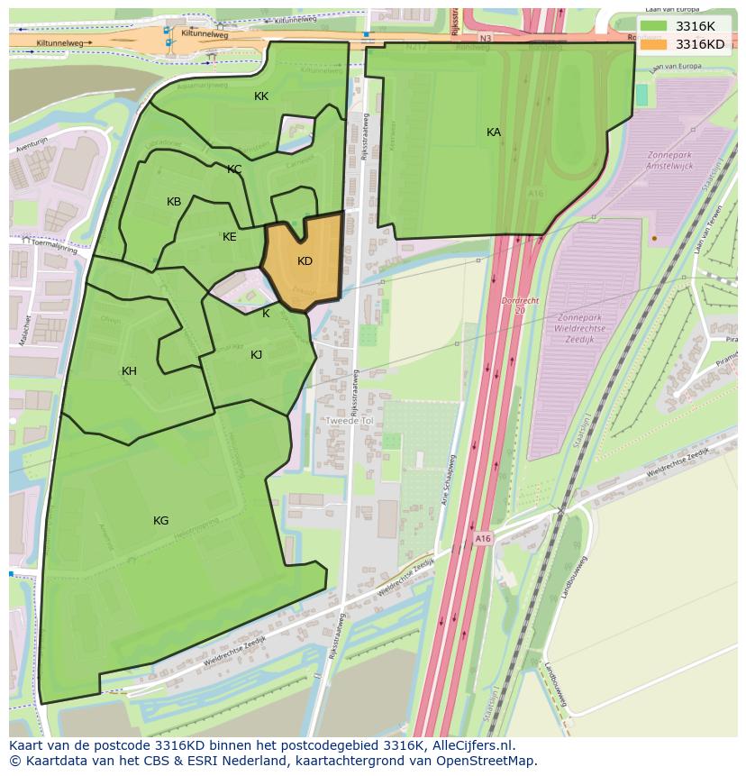 Afbeelding van het postcodegebied 3316 KD op de kaart.