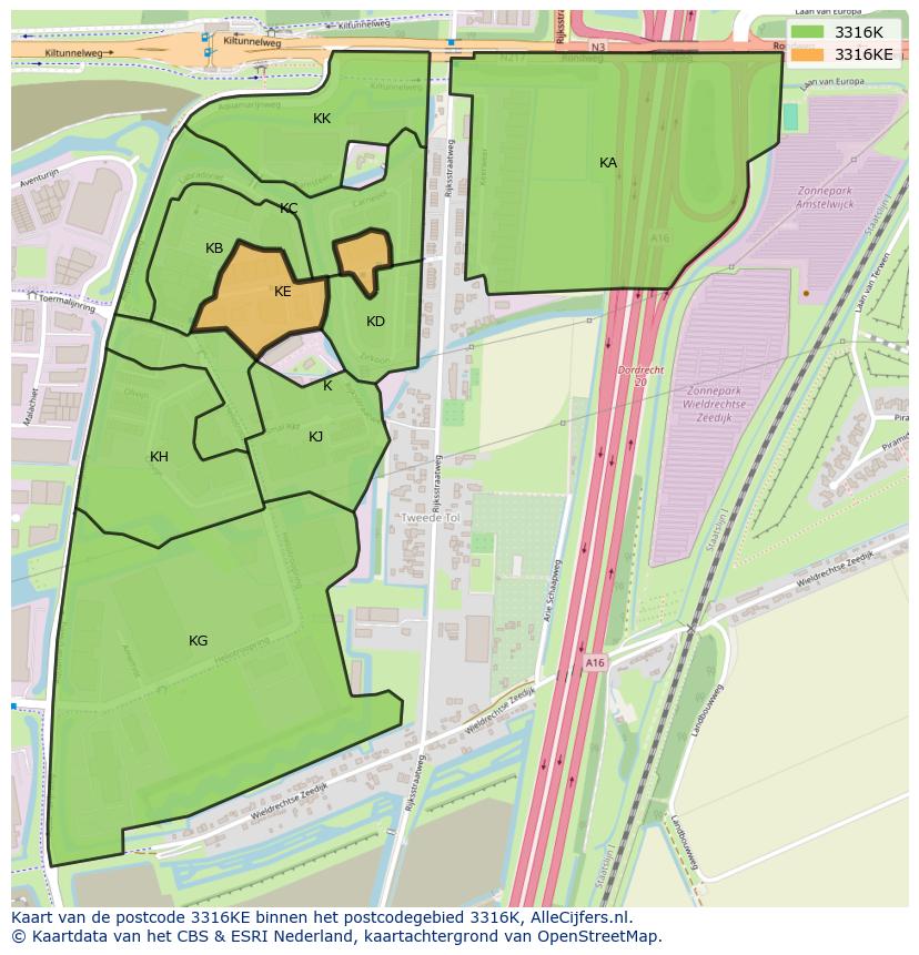 Afbeelding van het postcodegebied 3316 KE op de kaart.