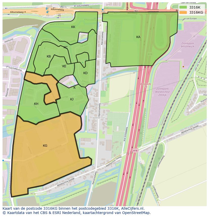 Afbeelding van het postcodegebied 3316 KG op de kaart.