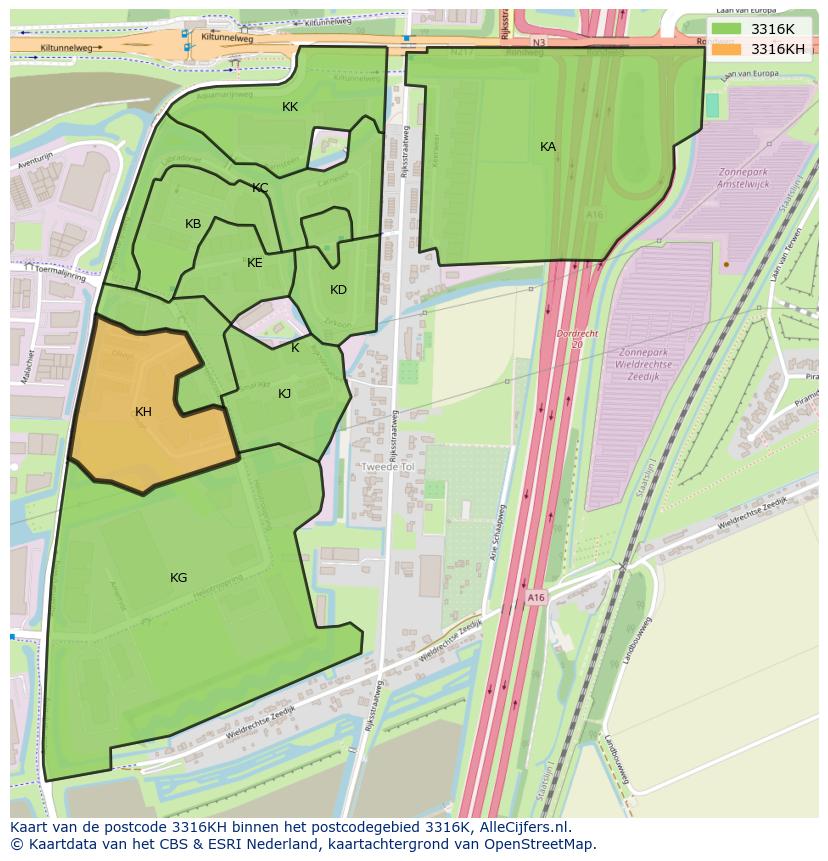 Afbeelding van het postcodegebied 3316 KH op de kaart.