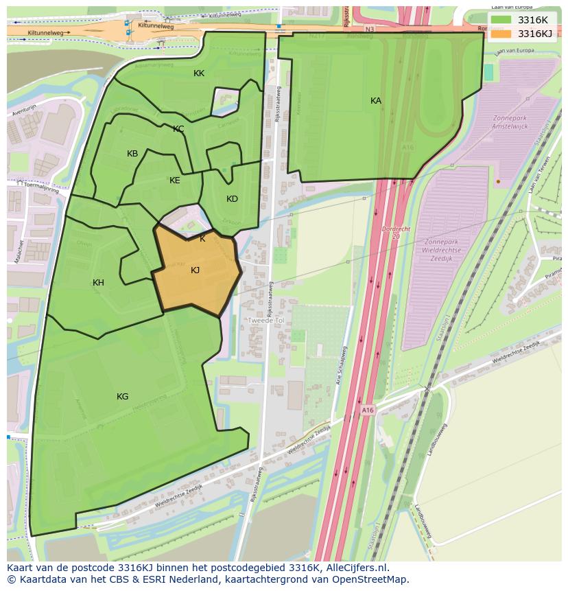 Afbeelding van het postcodegebied 3316 KJ op de kaart.