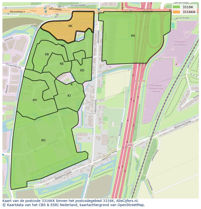 Afbeelding van het postcodegebied 3316 KK op de kaart.