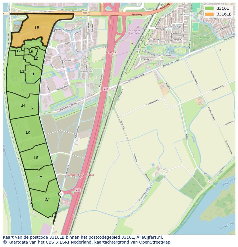 Afbeelding van het postcodegebied 3316 LB op de kaart.