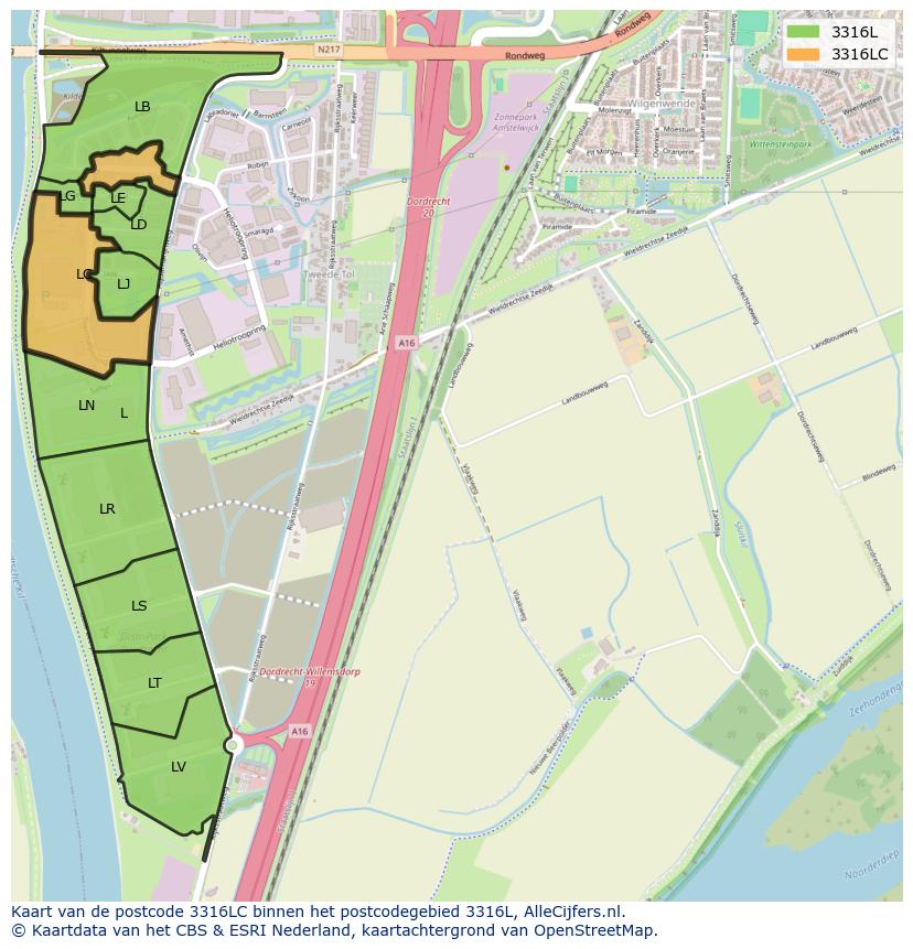 Afbeelding van het postcodegebied 3316 LC op de kaart.