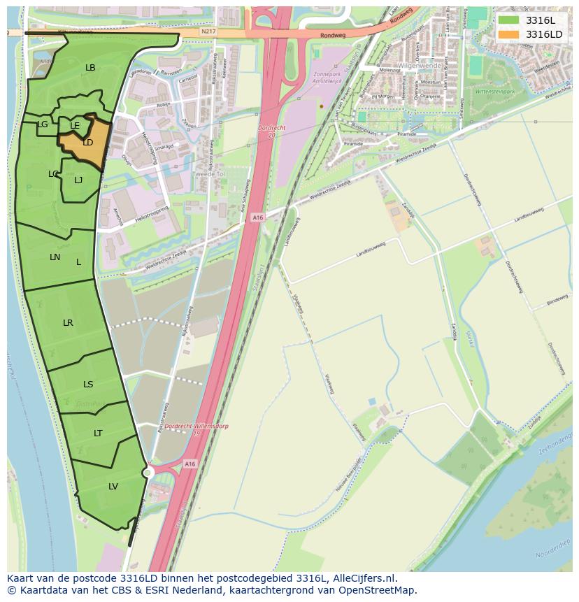 Afbeelding van het postcodegebied 3316 LD op de kaart.