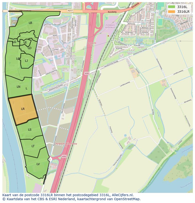 Afbeelding van het postcodegebied 3316 LR op de kaart.