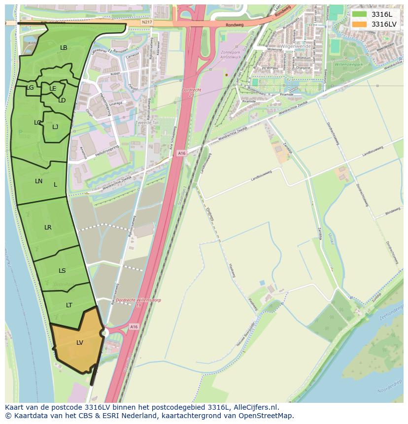 Afbeelding van het postcodegebied 3316 LV op de kaart.