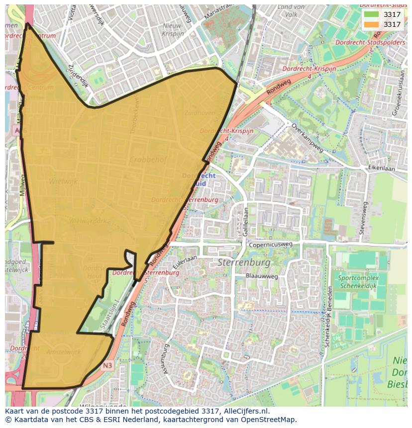 Afbeelding van het postcodegebied 3317 op de kaart.