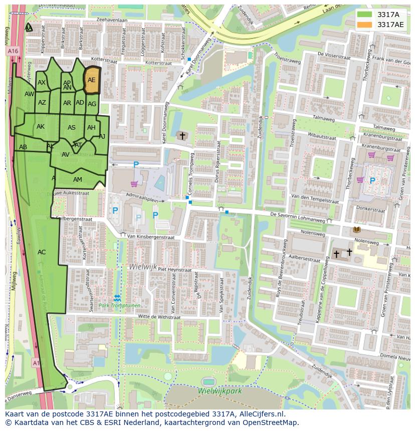 Afbeelding van het postcodegebied 3317 AE op de kaart.