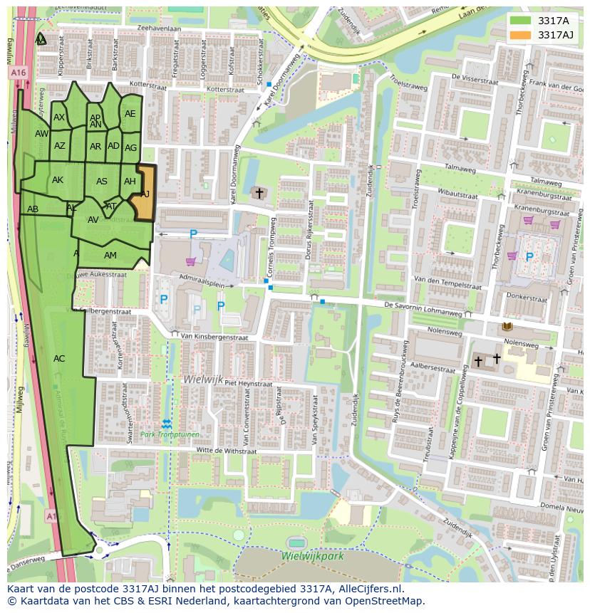 Afbeelding van het postcodegebied 3317 AJ op de kaart.