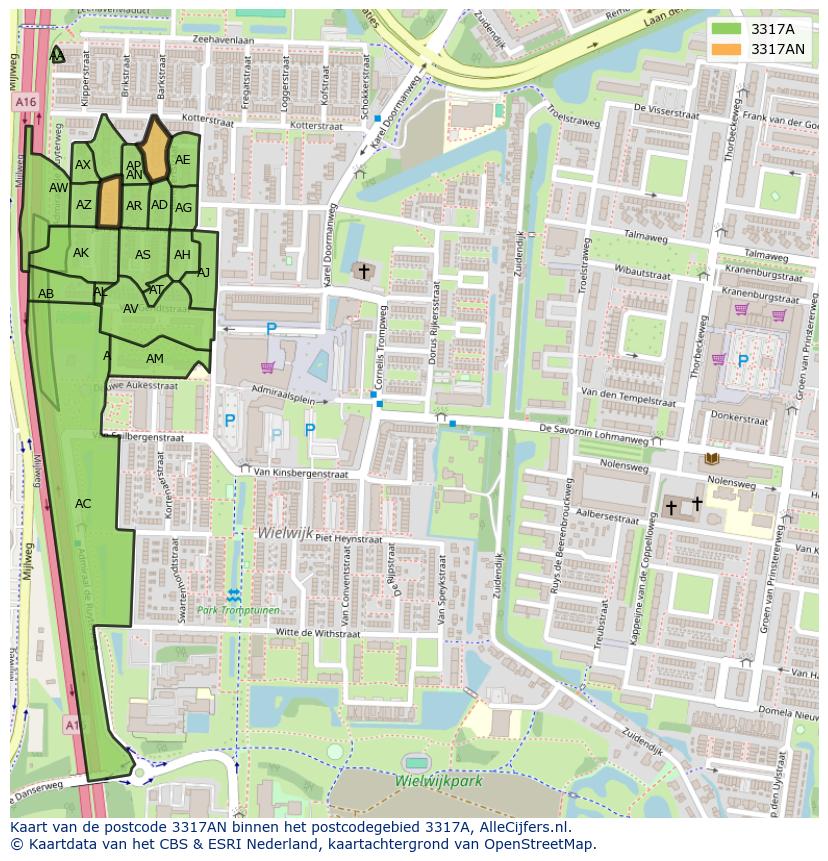 Afbeelding van het postcodegebied 3317 AN op de kaart.