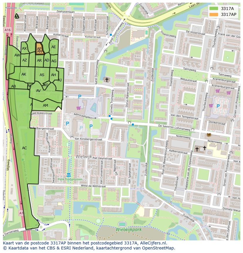 Afbeelding van het postcodegebied 3317 AP op de kaart.