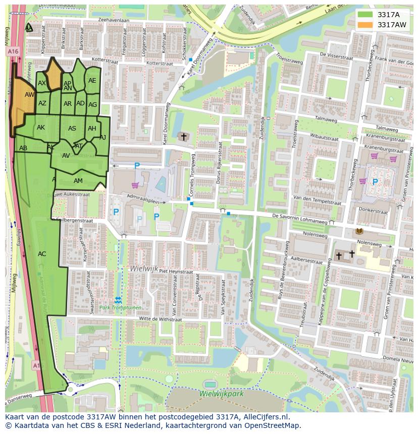 Afbeelding van het postcodegebied 3317 AW op de kaart.