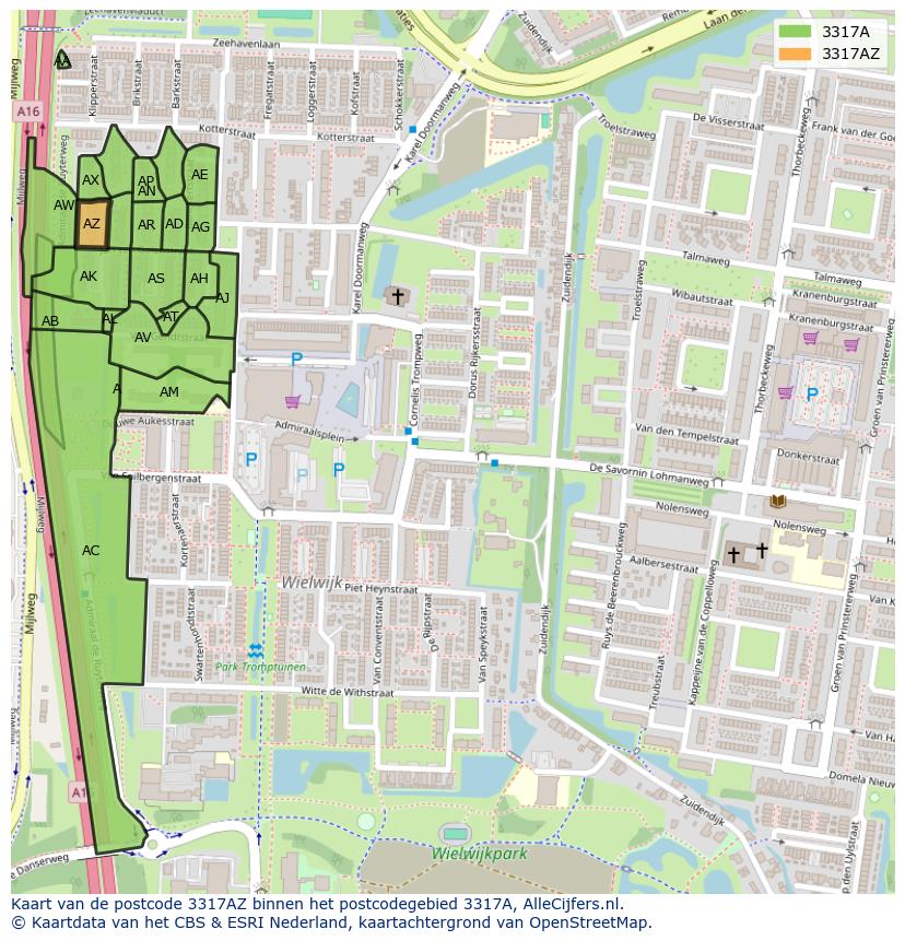 Afbeelding van het postcodegebied 3317 AZ op de kaart.