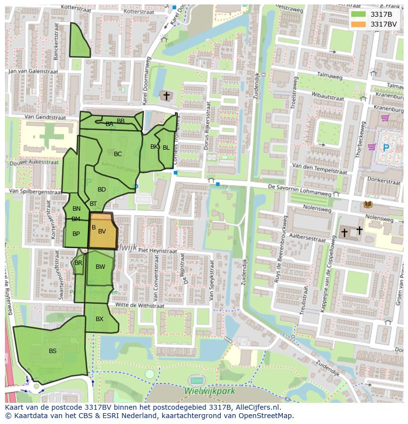 Afbeelding van het postcodegebied 3317 BV op de kaart.