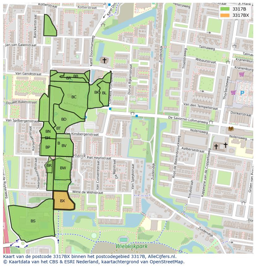 Afbeelding van het postcodegebied 3317 BX op de kaart.