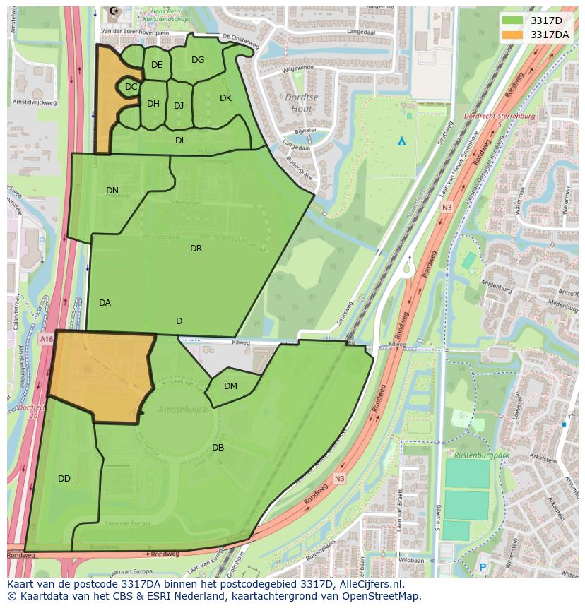 Afbeelding van het postcodegebied 3317 DA op de kaart.