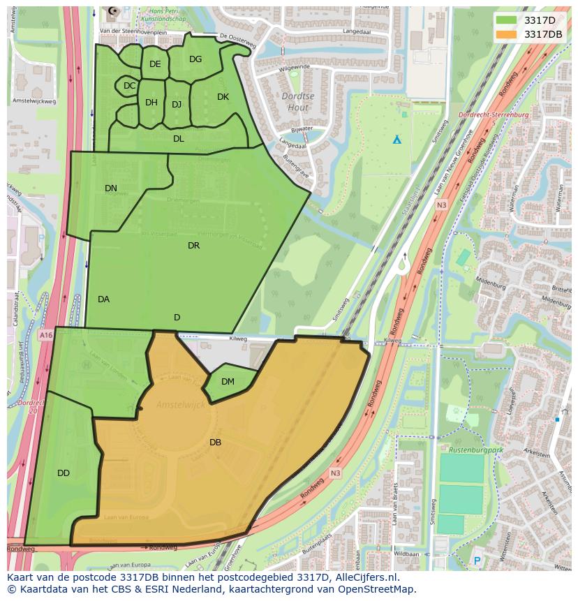 Afbeelding van het postcodegebied 3317 DB op de kaart.