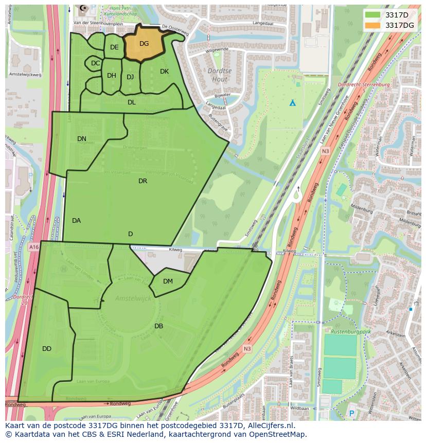 Afbeelding van het postcodegebied 3317 DG op de kaart.