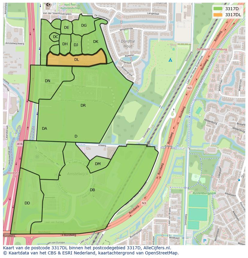 Afbeelding van het postcodegebied 3317 DL op de kaart.