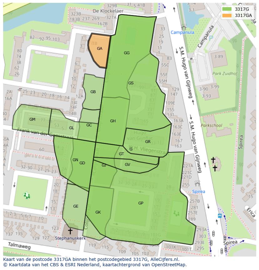 Afbeelding van het postcodegebied 3317 GA op de kaart.