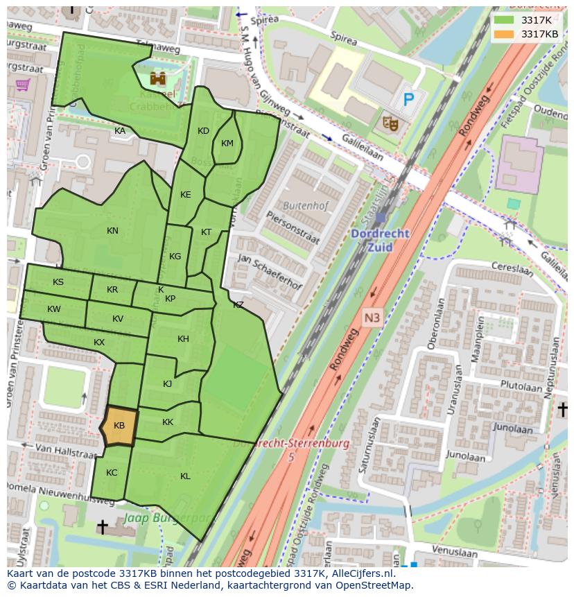 Afbeelding van het postcodegebied 3317 KB op de kaart.