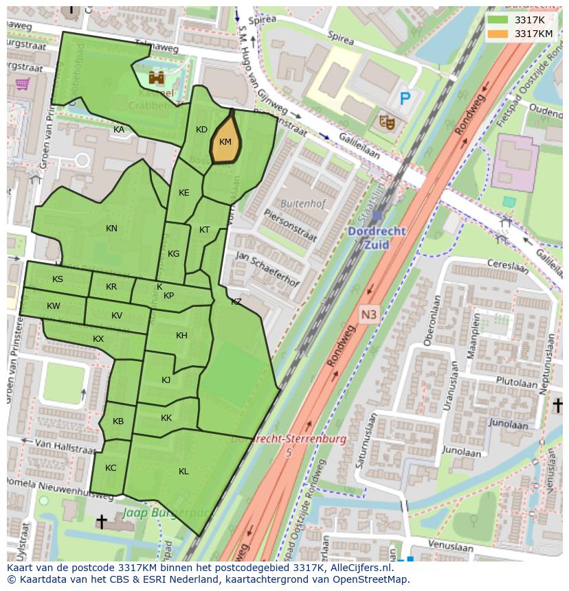 Afbeelding van het postcodegebied 3317 KM op de kaart.