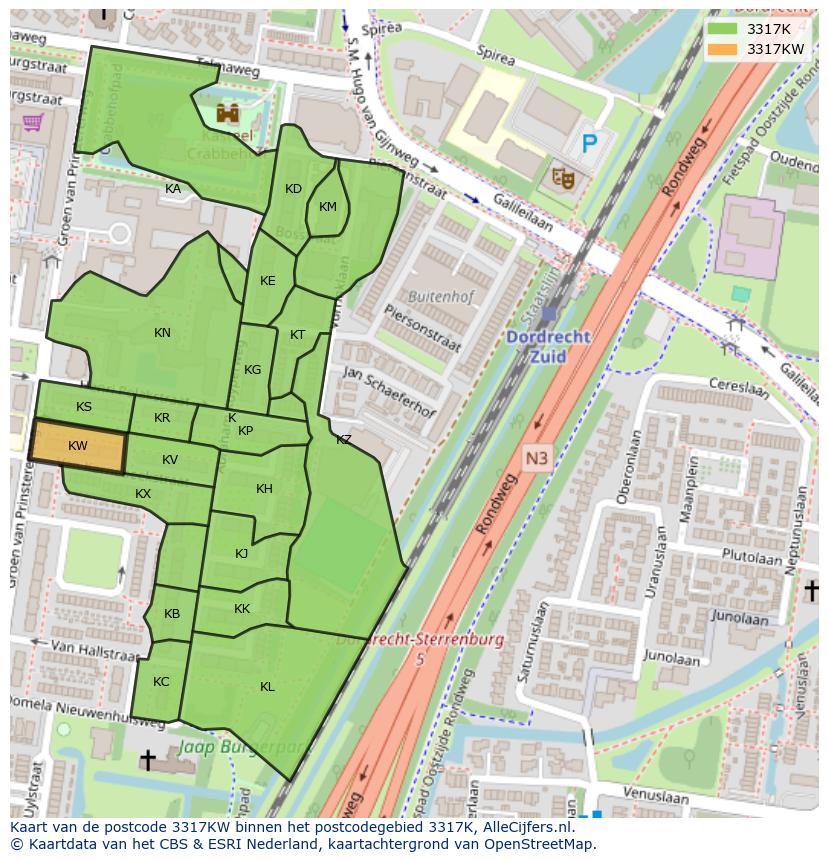 Afbeelding van het postcodegebied 3317 KW op de kaart.