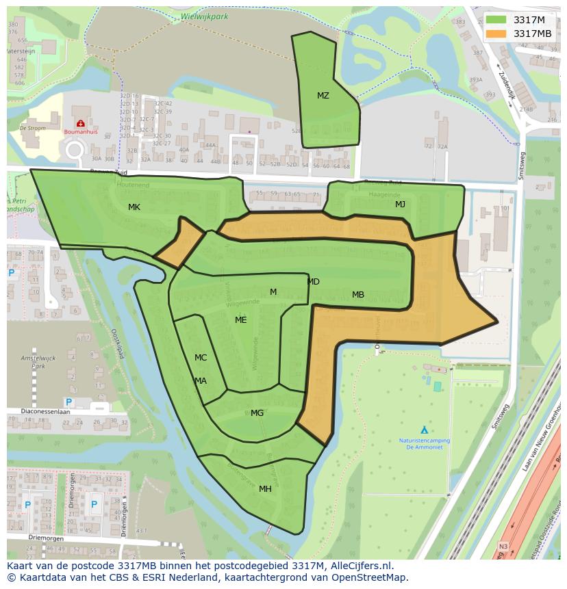 Afbeelding van het postcodegebied 3317 MB op de kaart.