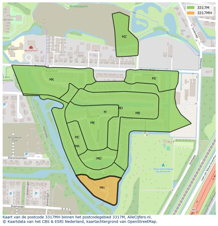 Afbeelding van het postcodegebied 3317 MH op de kaart.