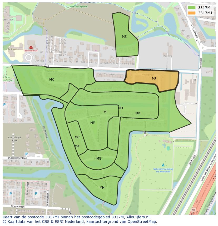Afbeelding van het postcodegebied 3317 MJ op de kaart.