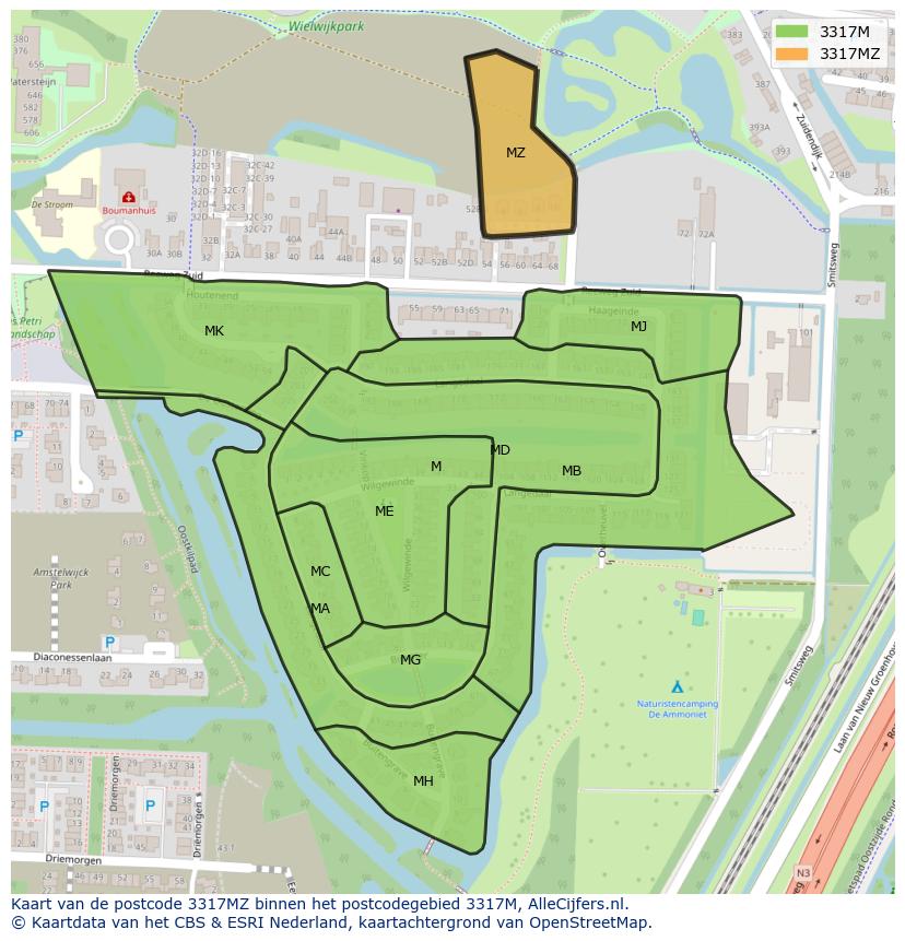 Afbeelding van het postcodegebied 3317 MZ op de kaart.