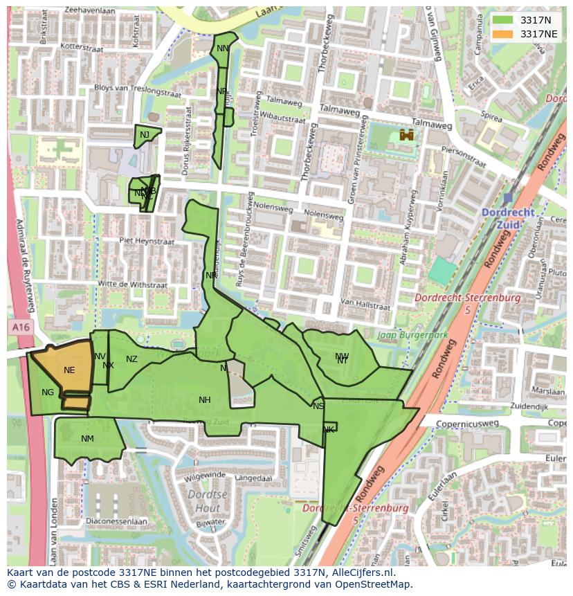 Afbeelding van het postcodegebied 3317 NE op de kaart.