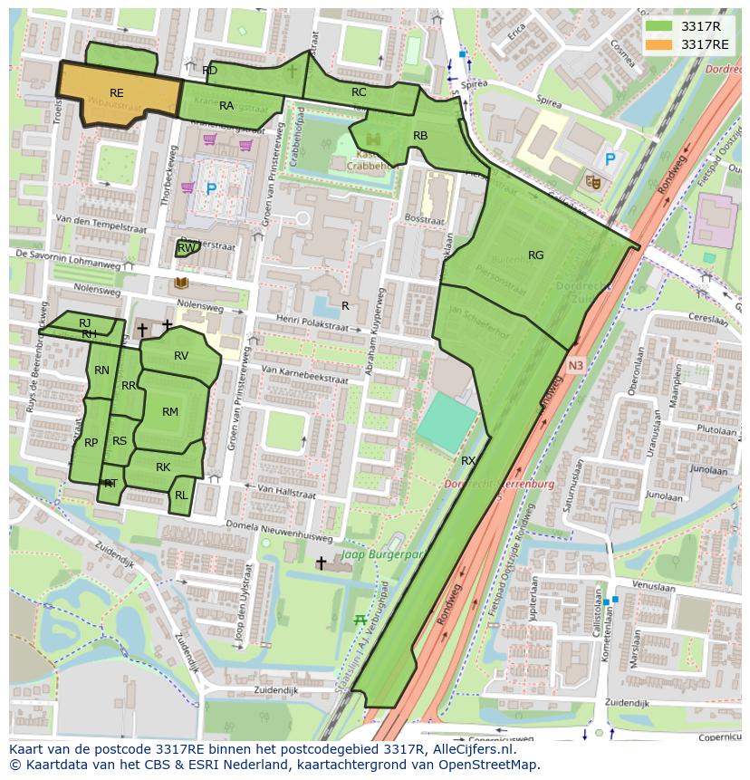 Afbeelding van het postcodegebied 3317 RE op de kaart.