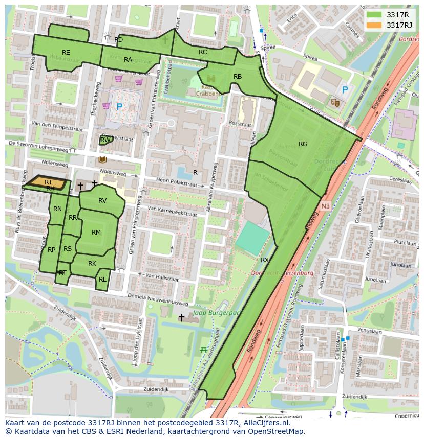 Afbeelding van het postcodegebied 3317 RJ op de kaart.