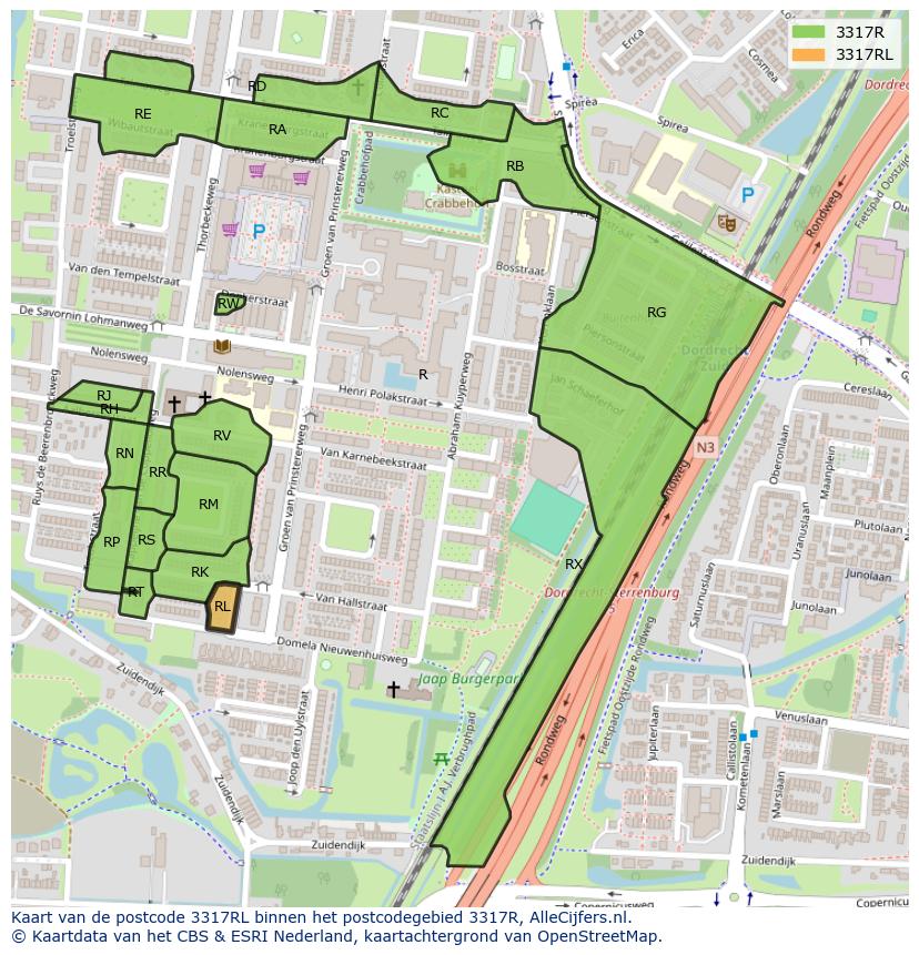 Afbeelding van het postcodegebied 3317 RL op de kaart.