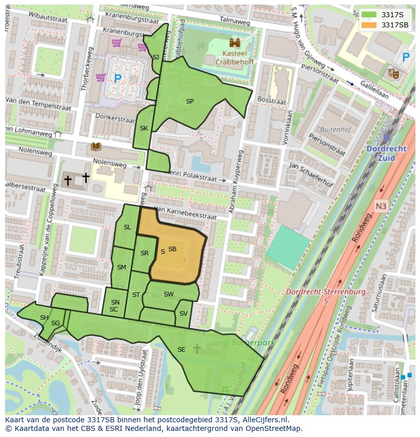 Afbeelding van het postcodegebied 3317 SB op de kaart.