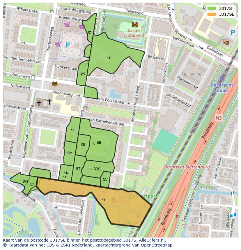 Afbeelding van het postcodegebied 3317 SE op de kaart.