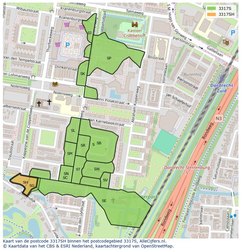 Afbeelding van het postcodegebied 3317 SH op de kaart.
