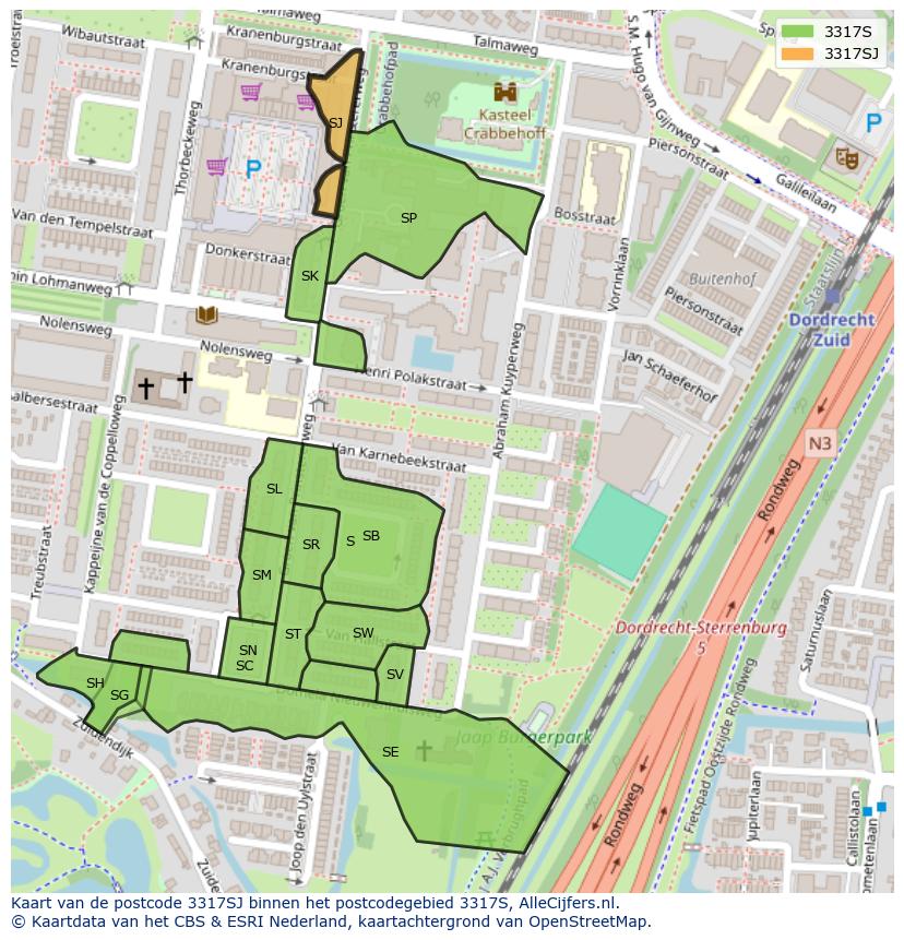 Afbeelding van het postcodegebied 3317 SJ op de kaart.