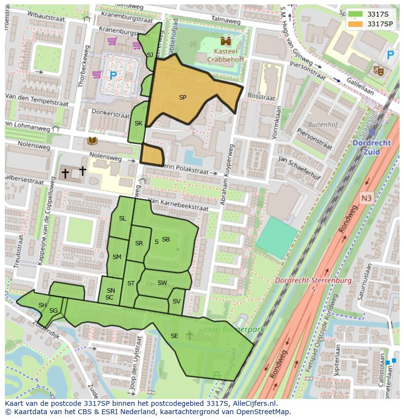 Afbeelding van het postcodegebied 3317 SP op de kaart.