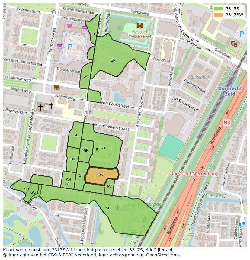 Afbeelding van het postcodegebied 3317 SW op de kaart.